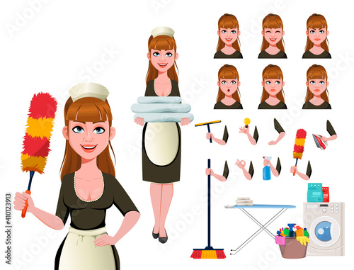 Young happy maid, beautiful housekeeper woman