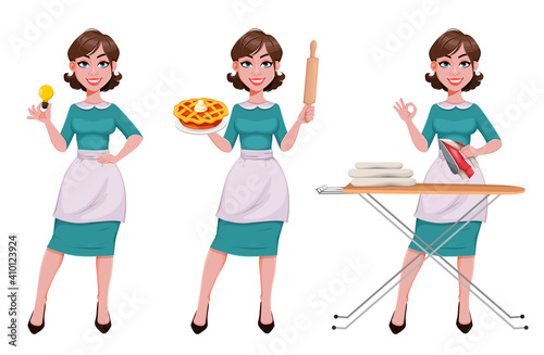 Cheerful housekeeper, mother, beautiful woman