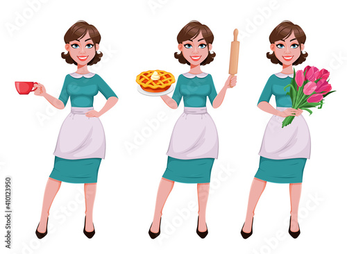 Cheerful housekeeper, mother, beautiful woman