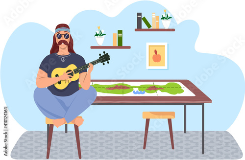 Male hipster bard with ukulele in hands. Musician is playing strings on instrument. Person creates music. Man with musical instrument. Guitarist playing guitar in living room