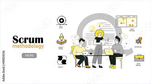 Scrum methodology for marketing design, flat vector landing page template.