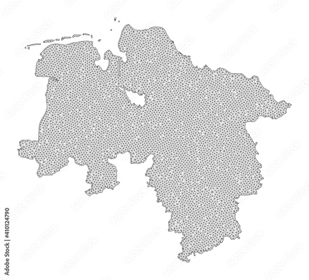 Polygonal mesh map of Lower Saxony State in high resolution. Mesh lines, triangles and dots form map of Lower Saxony State.