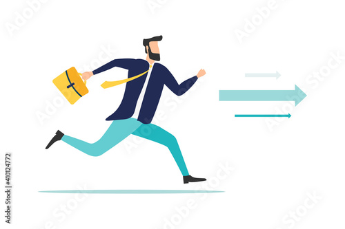 Businessman running to the goal in big city. Business concept illustration. Flat design.