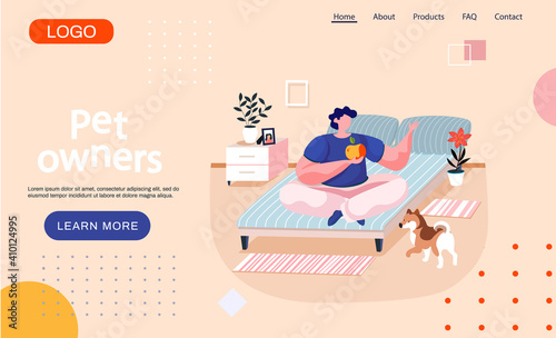 Pet owners landing page template with man sitting on bed in bedroom on lotus position holding an apple with cute dog. Male character is having leisure spend time with domestic animal funny doggy