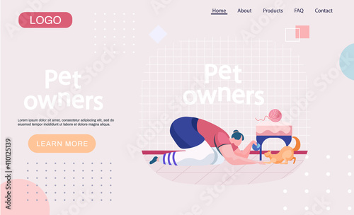 Pet owners landing page template. Happy woman playing with cat in ball sitting on floor at home. Female is having leisure spend time with domestic animal cute ginger kitty. Girl is training kitten