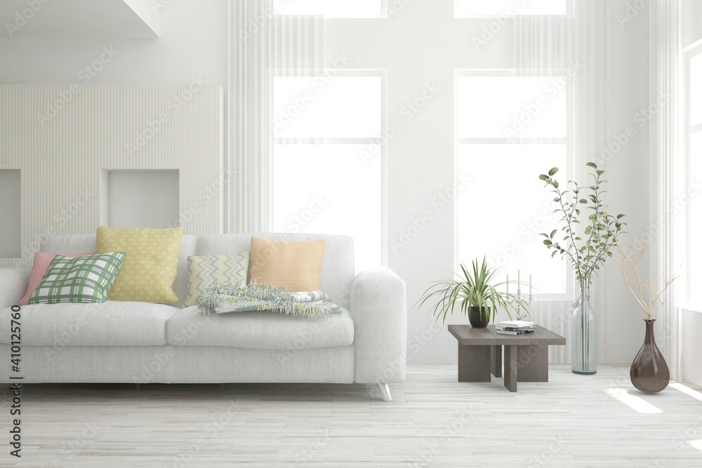 Obraz premium White living room with sofa. Scandinavian interior design. 3D illustration