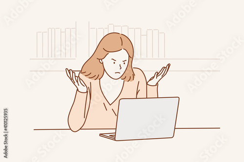 Upset woman frustrated with work problems, broken laptop, unpleasant online news. Hand drawn style vector design illustrations.