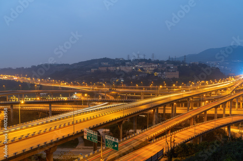 At night,The intersecting multi-storey overpass in Chongqing, China