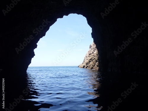 the view out of a cave on a boat tour in the Mercury Bay, Coromandel Peninsula, North Island, New Zealand, November