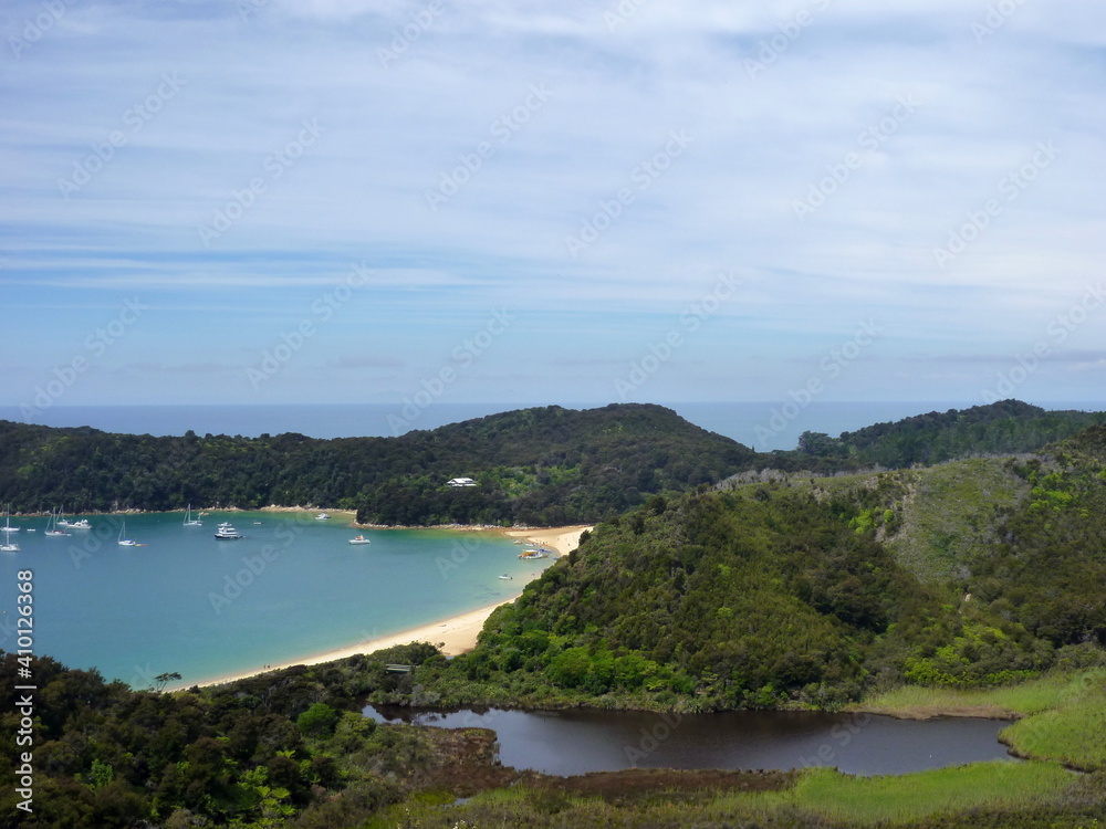 the view of the Abel Tasman National Park from a hiking trail, Nelson, Tasman region, South Island, New Zealand, February