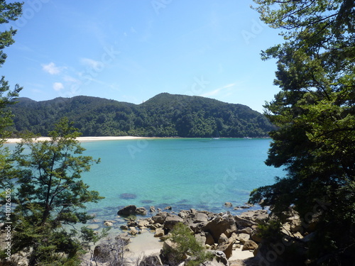 the view of the Abel Tasman National Park from a hiking trail, Nelson, Tasman region, South Island, New Zealand, February photo