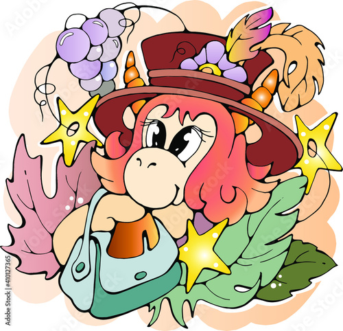 Cartoon Cow character in a fancy hat, cute children colorful isolated doodle stock vector illustration