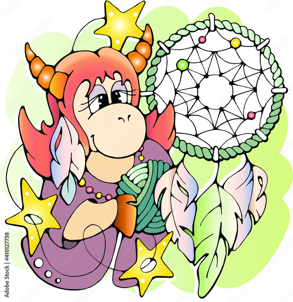 Cartoon Cow character with a dreamcatcher, colorful isolated doodle stock vector illustration Cartoon Cow character with a dreamcatcher, colorful isolated doodle stock vector illustration