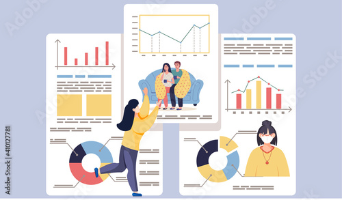 Woman points to poster on background. Statistics of illnesses. Couple on self-isolation drinking tea. Treatment and healthcare concept. Young people resting at home. Dog owners taking antiviral agent