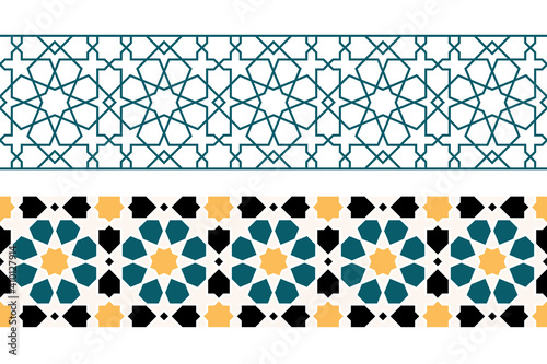 Set of Geometric Islamic horizontal Seamless Patterns or decoration greeting card or interior based on a tenfold traditional rosette. Vector Illustration.