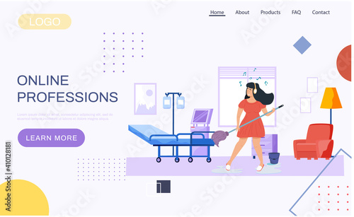 Girl with headphones washes floor. Musician imagines guitar and plays in hospital. Woman plays mop like guitar in medical institution. Website about online professions. Guitarist performs songs