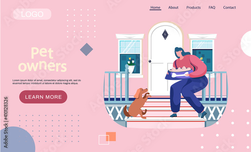 Pet owner landing page template. Happy woman feeding dog food from bowl, funny girl training puppy, walking with her little friend. Female is having leisure spend time with domestic animal cute doggy
