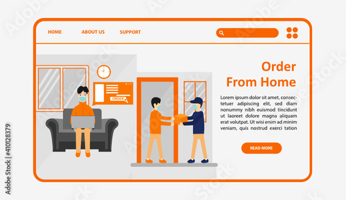 Landing page website with illustrations of online shopping and delivered to home