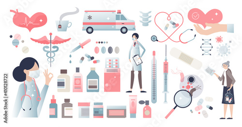 Medicine themed elements set and healthcare items group tiny person concept