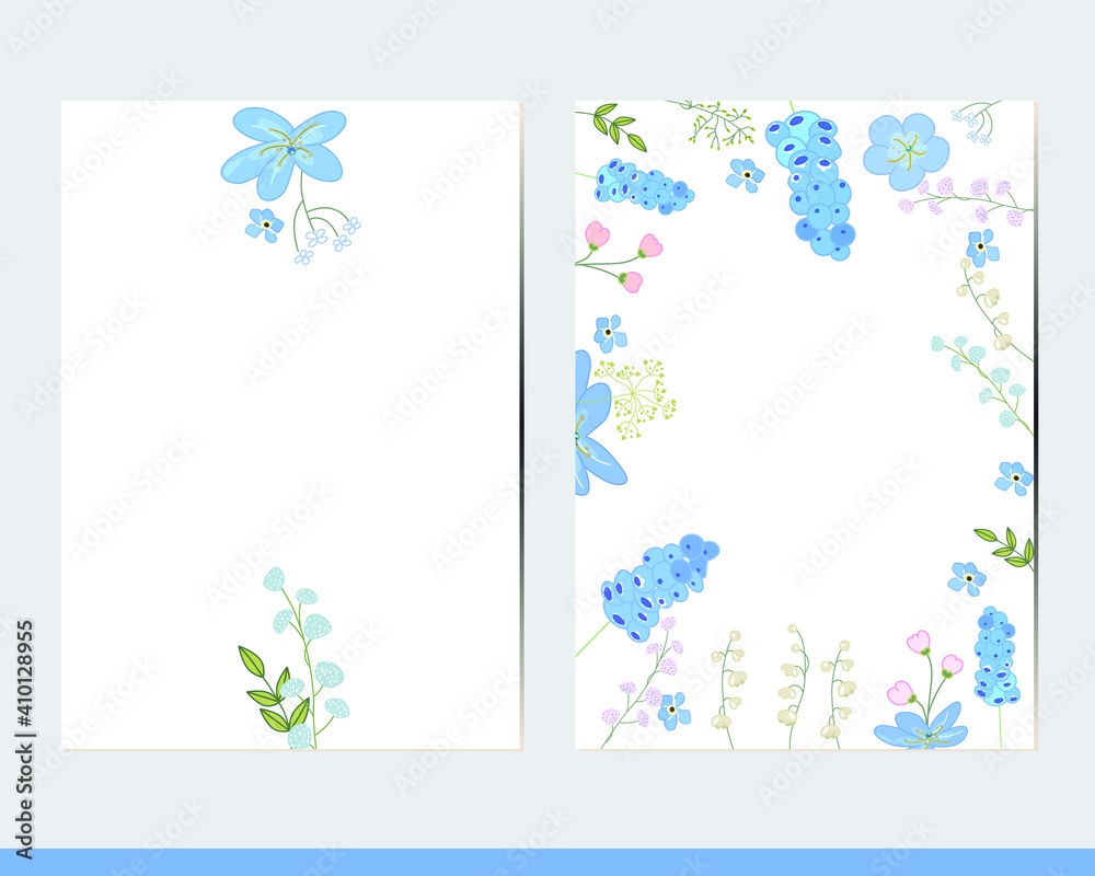 Greeting cards with floral elements and decoration. Decor with muscari and herbs