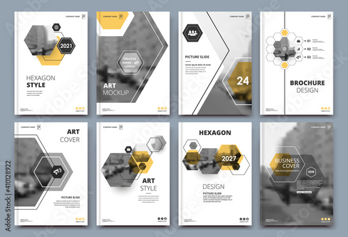 Abstract binder layout. White a4 brochure cover design. Fancy info text frame. Creative ad flyer font. Title sheet model set. Modern vector front page. Elegant city banner. Yellow figures icon fiber