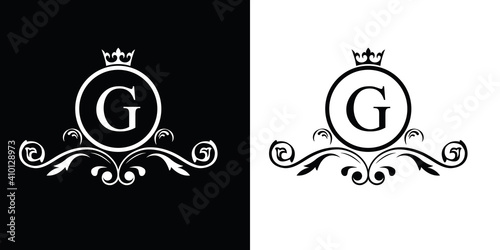 black and white letter G. flower letters. Vintage ornament initial Alphabet. Logo vector	
