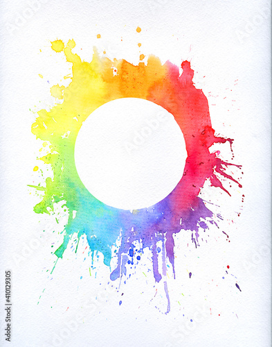 watercolor circle frame in rainbow colors.hand drawn aquarel illustration ,background for card,invitation and other.Holi background