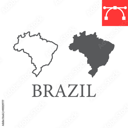 Map of Brazil line and glyph icon, country and geography, brazil map sign vector graphics, editable stroke linear icon, eps 10.