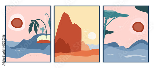 Set of abstract landscapes with ocean,mountains and sun.Paper cut style.Mid century art.Contemporary posters with nature view.Summer holidays and travelling.Banner for cafe,salon.Hand drawn background