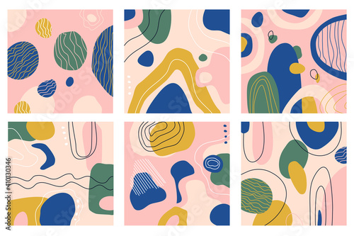 Six abstract patterns with hand drawn elements. Doodle background for card, presentation,banner. Trendy modern colors palette. Mid century art style. Stains, stripes and waves shapes.Covers template.