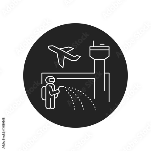 Airport disinfection black glyph icon. Worker in protective suit with disinfector sprayer. Cleaning service. Pictogram for web, mobile app, promo.