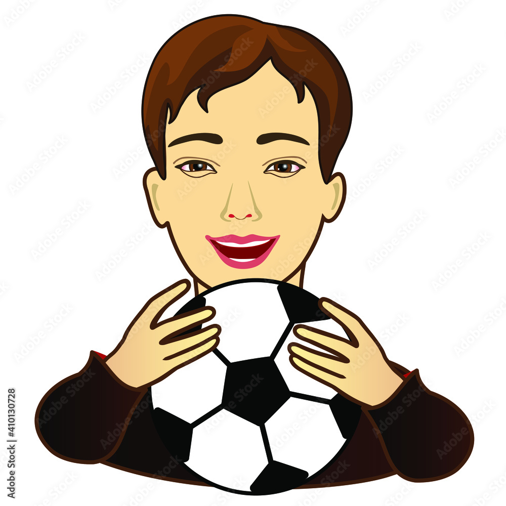 happy man soccer player holds a football ball, color emoticon on white