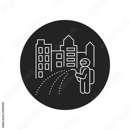 Town disinfection black glyph icon. Cleaning service. Worker in protective suit with disinfector sprayer. Pictogram for web, mobile app, promo.