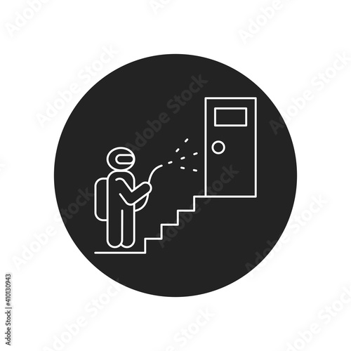 Residential building porch disinfection black glyph icon. Worker in protective suit with disinfector sprayer. Cleaning service.