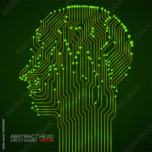 Abstract neon human head with circuit board. Digital technology concept