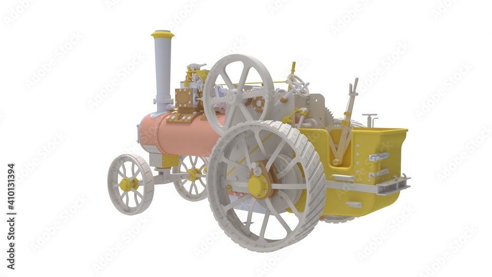 Steam engine tractor 3D rendering of a vintage historic mechanical car isolated on white background.