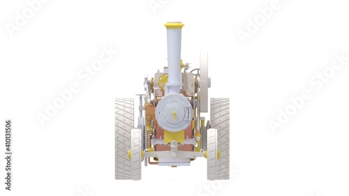 Steam engine tractor 3D rendering of a vintage historic mechanical car isolated on white background. photo