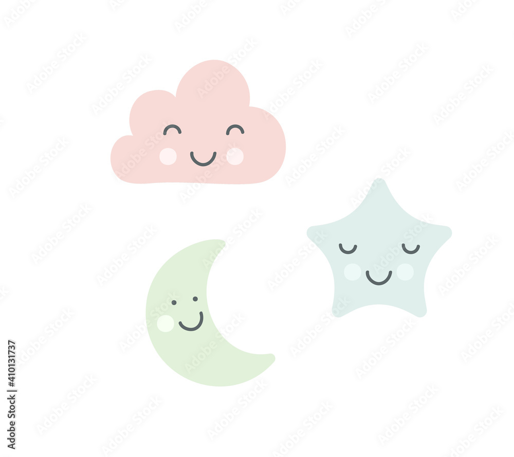 Set of pastel green moon, blue sleepy star and pink cloud for baby room decoration. Childish style colors. Perfect for fabric print logo sign cards banners. Vector kids wall art design Set of pastel green moon, blue sleepy star and pink cloud for baby room decoration. Childish style colors. Perfect for fabric print logo sign cards banners. Vector kids wall art design