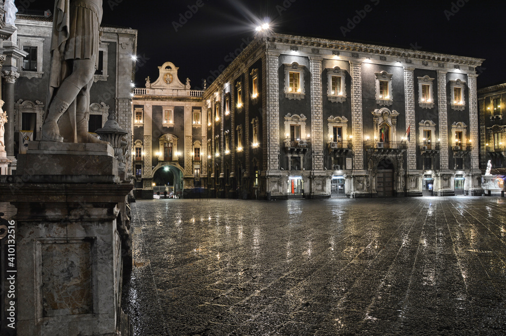 Night image of cathedral square in the Sicilian city of Catania, Italy.