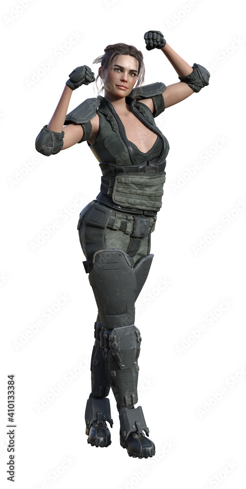 Illustration of a futuristic female walking with arms up in a muscle pose isolated on a white background. Illustration of a futuristic female walking with arms up in a muscle pose isolated on a white background.
