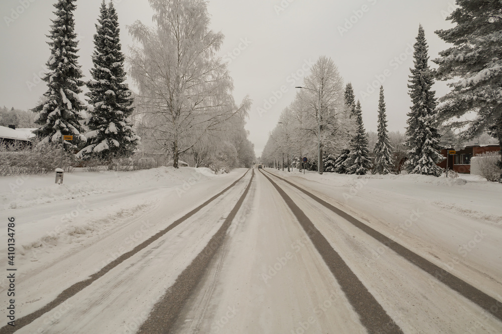 Winter road in a small town