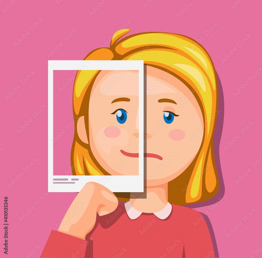 Girl different emotion on photo or social media. mental illnes and cyberbullying awareness illustration concept in cartoon vector Girl different emotion on photo or social media. mental illnes and cyberbullying awareness illustration concept in cartoon vector
