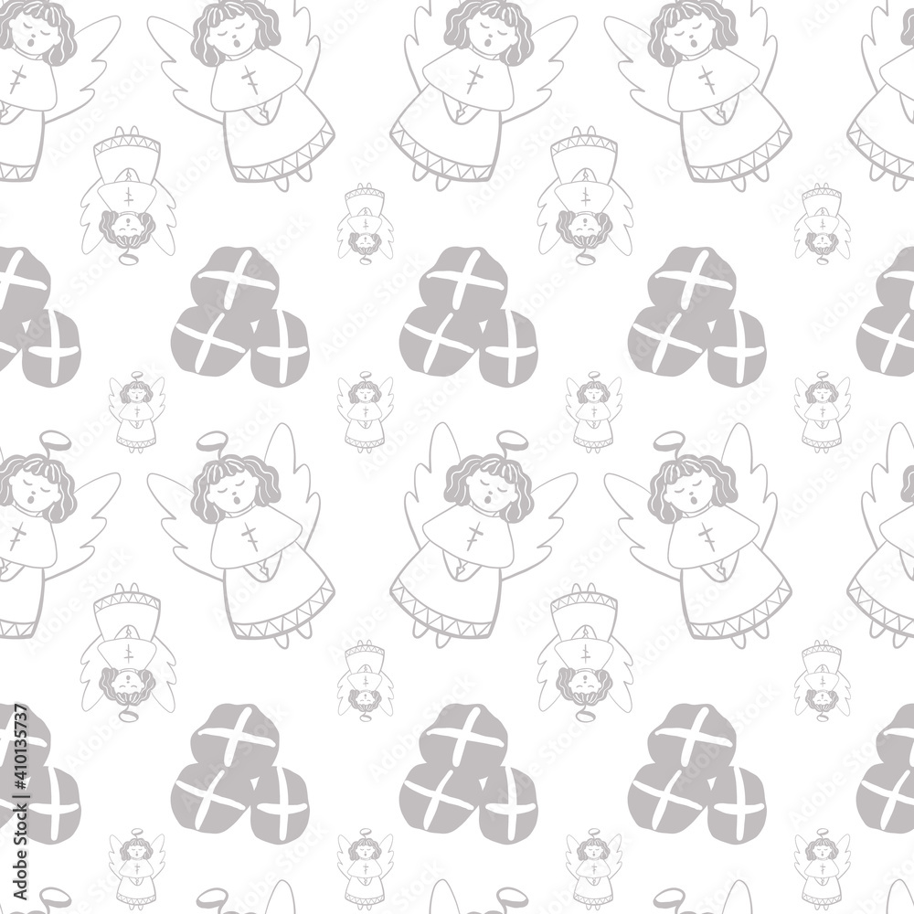 seamless pattern angel and english cross buns, doodle vector
