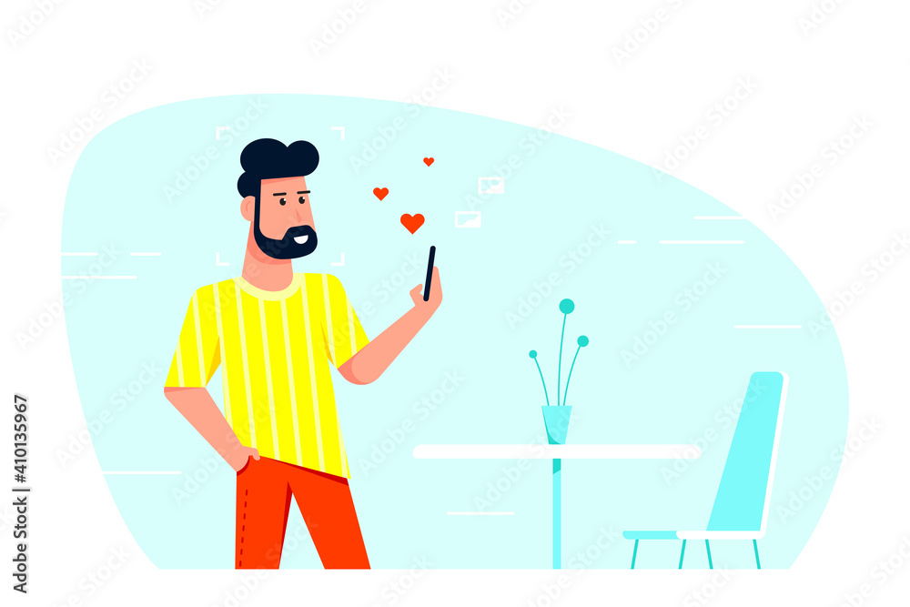 Young Man Texting on Smartphone, Flat Style Vector Young Man Texting on Smartphone, Flat Style Vector