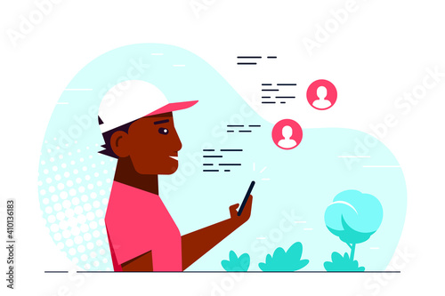 Young Man Texting on Smartphone, Flat Style Vector