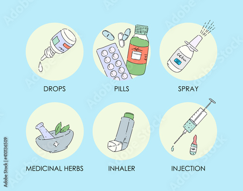 Treatment methods and medications allergy. Drops, tablets, pills, syrups, spray medicine, medicinal herbs, inhaler, injection flat doodle line