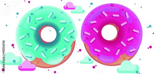 This is a vector image of two glazed donuts. The donuts are covered with blue and pink sweet fondant.