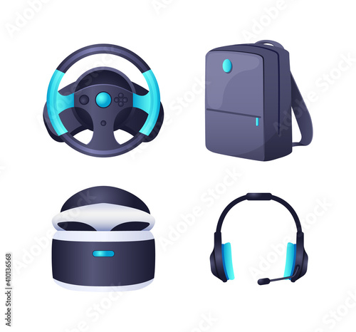 Virtual reality console game accessories. Virtual reality glasses, headset with mic, steering wheel, gaming backpack. Gamer accessories and equipment vector