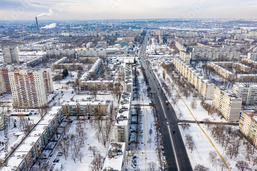 Winter aerial view to residential area Saltivka in Kharkiv, Ukraine. Yuvilejnyj Avenue and microdistricts