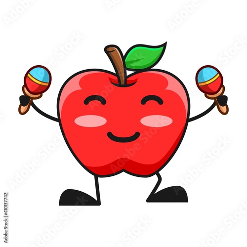vector illustration of cute apple fruit music or character playing maraca. cute apple fruit Concept White Isolated. Flat Cartoon Style Suitable for Landing Page, Banner, Flyer, Sticker.